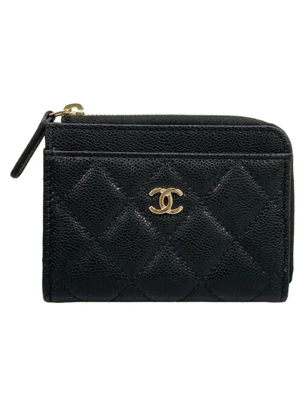 Chanel Coin Case Quilted Black L-shaped Zipper Champagne Gold